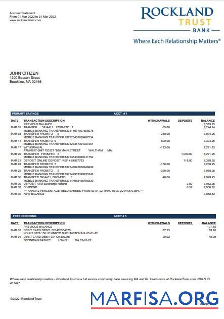 Downloadable USA Massachusetts Rockland Trust bank statement word example